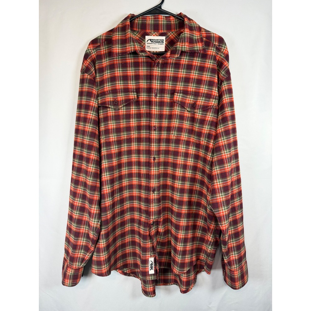 Mountain Khakis Mens Large Plaid Flannel Shirt Burgundy Orange Wool Blend L/S